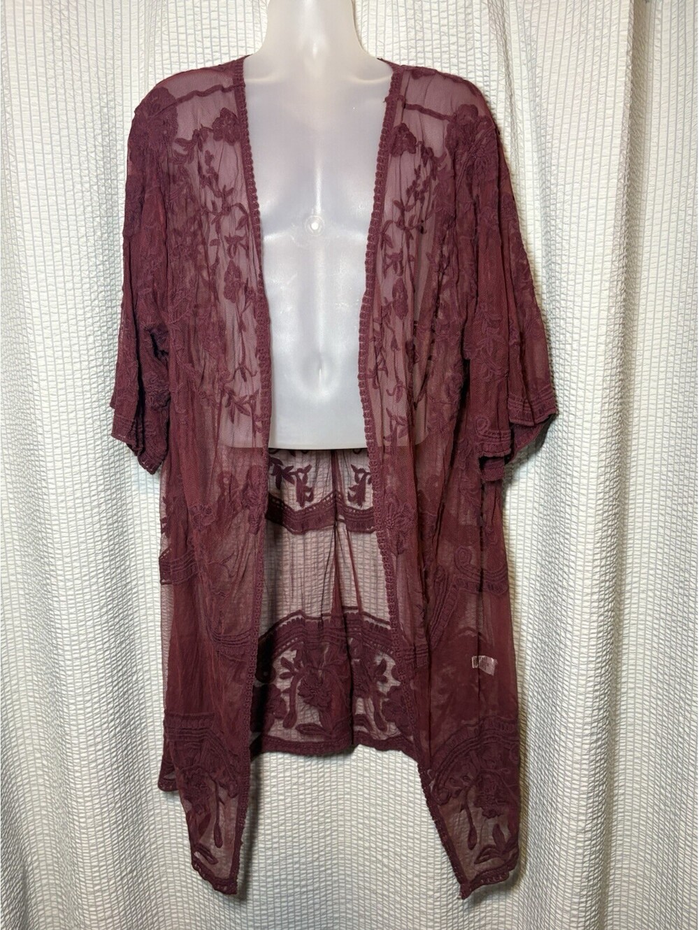 Dizzy Gal Maroon Women Sheer Lace Open Front Kimono Duster Cardigan 2XL